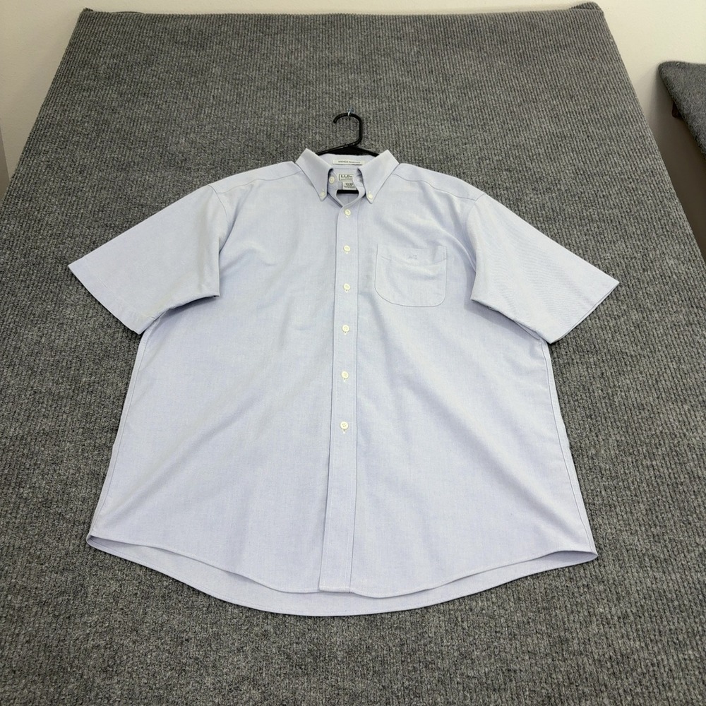 LL Bean Shirt Mens 16.5 Blue Cotton Short Sleeve Wrinkle Resistant Classic Style